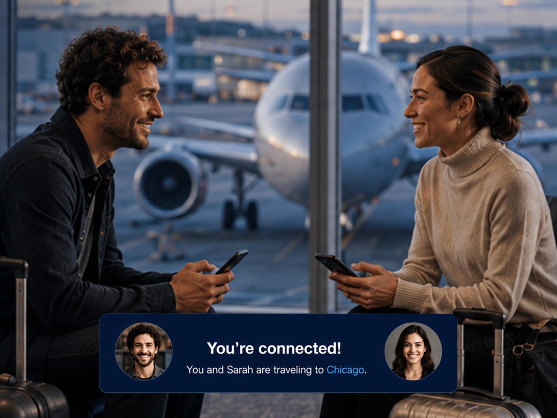 Two travelers talking at an airport gate after Traveler matched them on the same flight