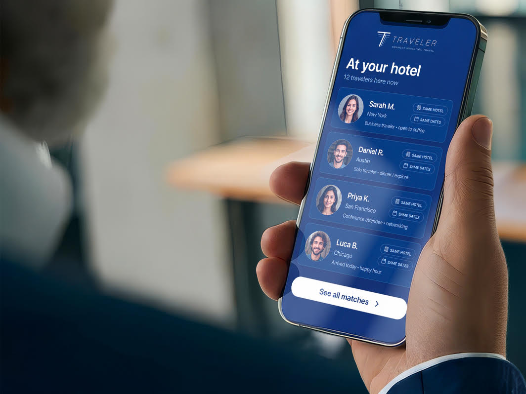 A traveler holding a phone showing the Traveler app listing other guests staying at their hotel