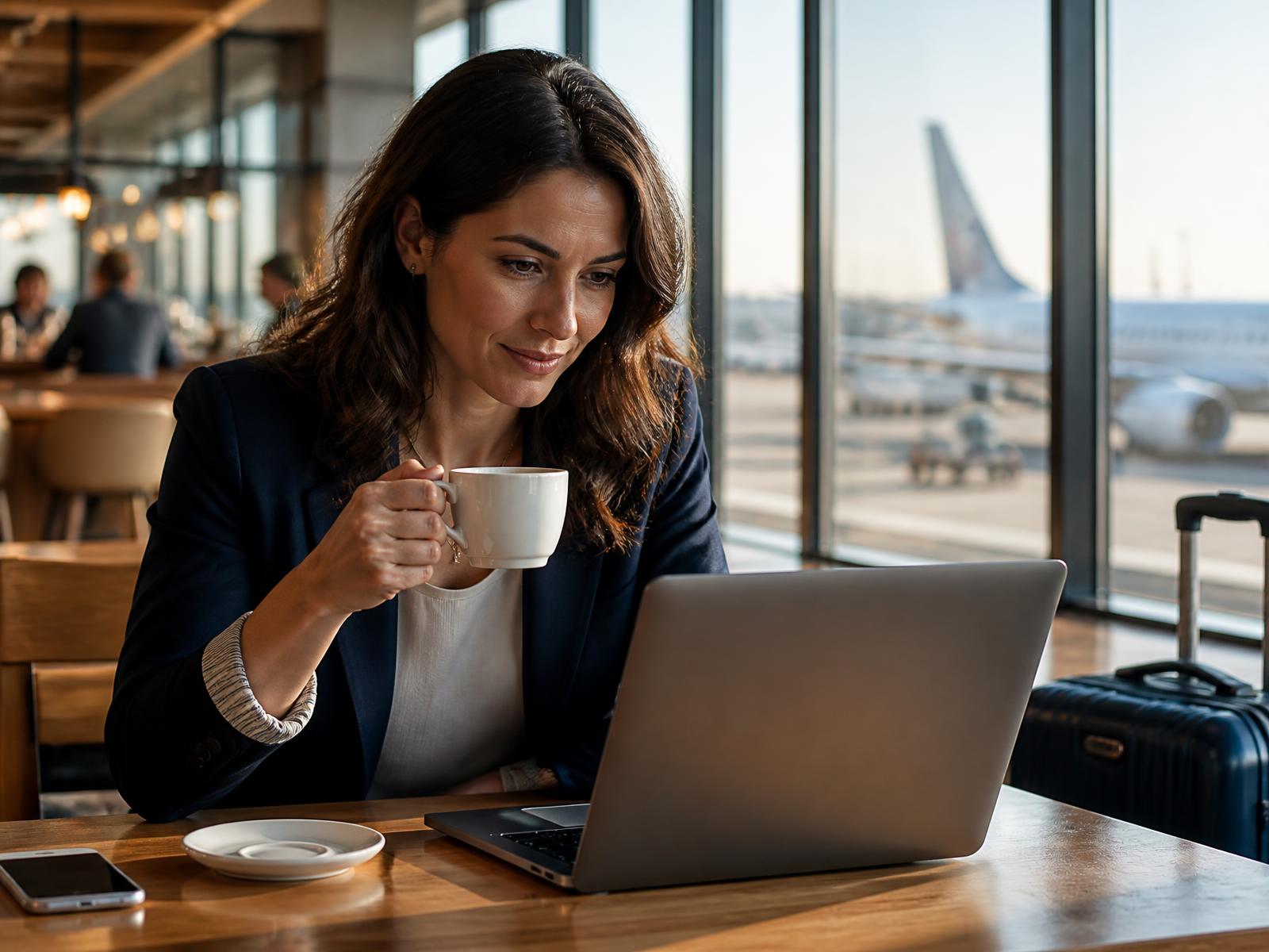 A traveler with a coffee reviewing her itinerary on a laptop in an airport lounge